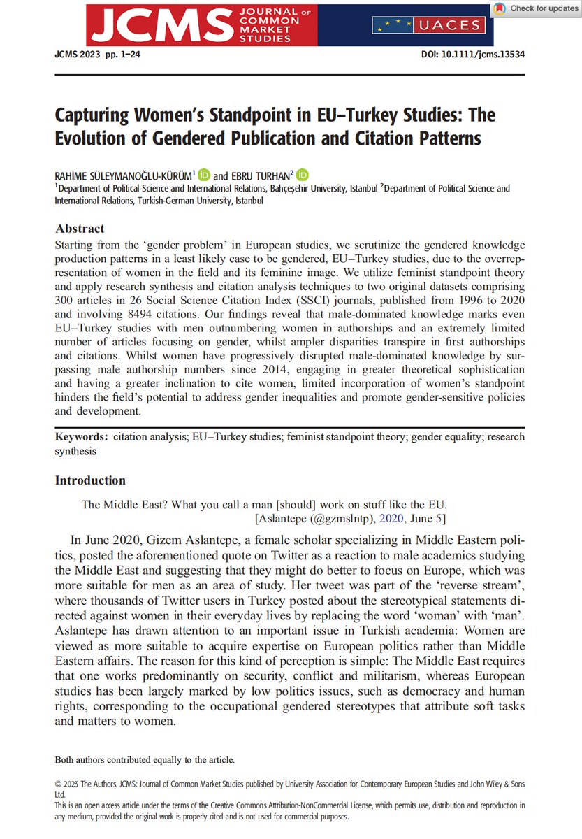 On #InternationalWomensDay I would like to reintroduce our @JCMS_EU study w. @RahimeSKurum on gendered knowledge production & citation practices in academia.Women are cited less than men & male dominance in 1st authorships endures. Let's make some change! onlinelibrary.wiley.com/doi/full/10.11…