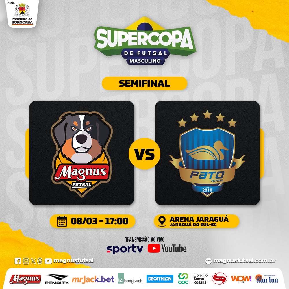 MagnusFutsal's tweet photo. Vale vaga na final! Hoje vamos enfrentar o Pato Futsal, às 17h, na Arena Jaraguá, pela semi da Supercopa!

🏆 Supercopa 2024
⚽️ Magnus Futsal x Pato Futsal
📅 08/03 - 17:00
🏟️ Arena Jaraguá - Jaraguá do Sul (SC)

Transmissão Ao Vivo
📺 Sportv
💻 https://t.co/pTp8YCywwC

#GoMagnus https://t.co/db5LkC5agk