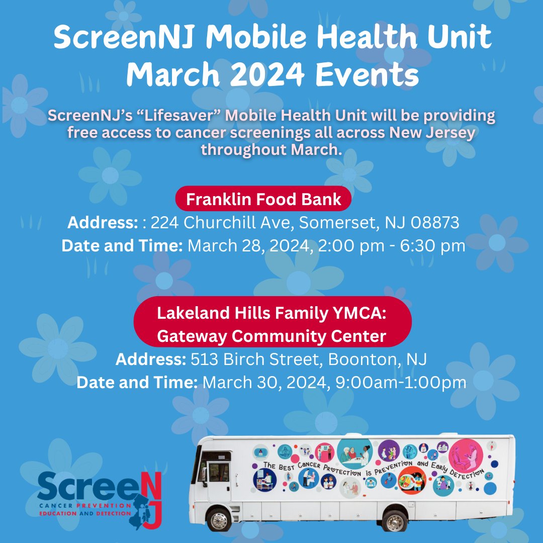 .@ScreenNJ’s Mobile Health Unit will be traveling across #NewJersey providing #free #cancerscreenings throughout March! See if we are traveling to a location near you. 🚐 #NJ #cancerprevention #cancerawareness