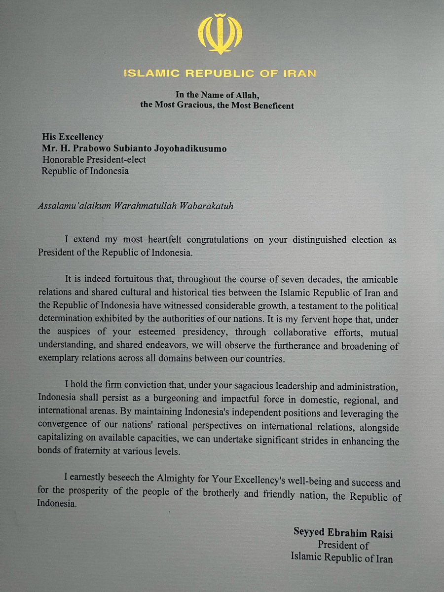 Terima kasih kepada Presiden Republik Islam Iran, Yang Mulia Seyyed Ebrahim Raisi, untuk ucapan selamat atas hasil sementara Pemilu 2024.

Doa terbaik dari kami di Indonesia, semoga Allah SWT senantiasa melimpahkan anugerah dan rahmat-Nya untuk saudara-saudari kita di Iran.