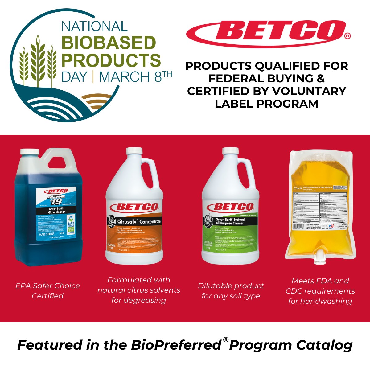 BetcoCorp's tweet image. Federal agencies and their contractors are required to purchase biobased products within categories identified by USDA, representing billions of dollars in purchases annually.
#CommitToSwitch #NBPD #Bioeconomy #CelebrateBioBased #BiobasedProductsDay