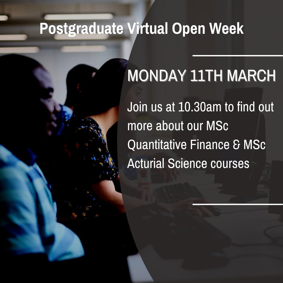 The @UniStrathclyde #PostgraduateVirtualOpenWeek starts on Monday 11th March. On Monday you can find out more about our MSc Quatitative Finance & MSc Acturial Science courses. Register here: tinyurl.com/k87j7sek
