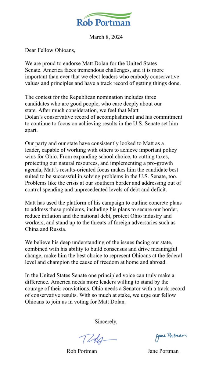 In the U.S. Senate, one principled voice can make a difference. Matt Dolan's strong conservative record of accomplishment and focus delivering results for Ohio set him apart. That’s why Jane and I are proud to give Matt our endorsement and vote for U.S. Senate.