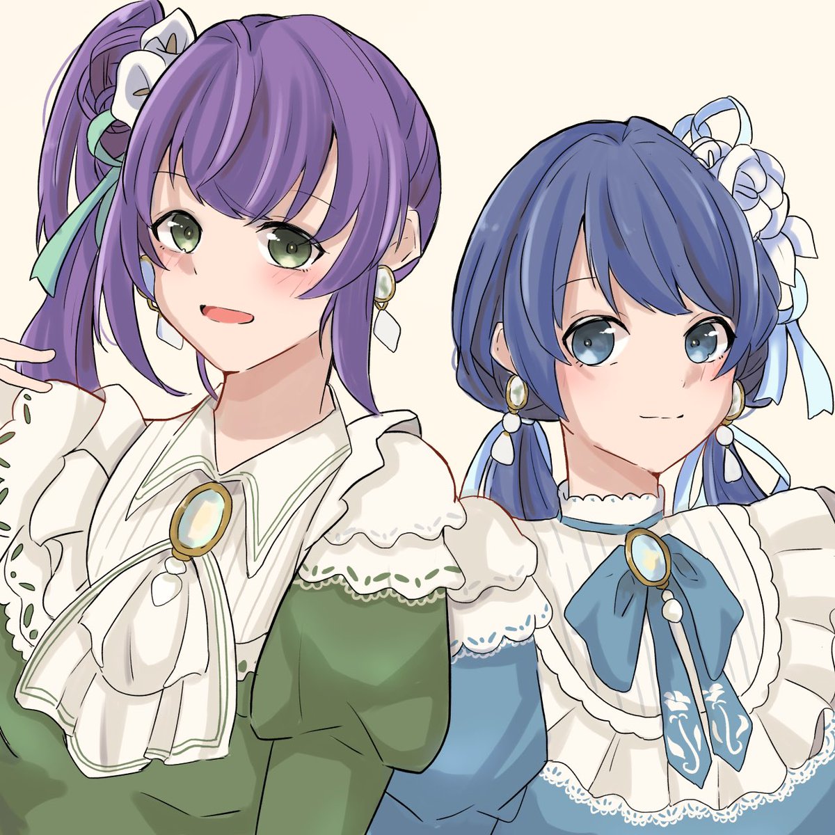 multiple girls 2girls jewelry blue hair earrings smile twintails  illustration images