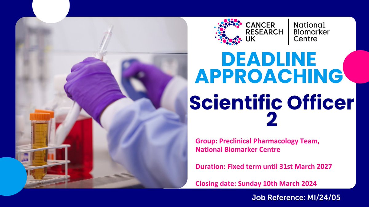 Attention!🚨 The deadline for our Scientific Officer 2 position within our @cruk_nbc is approaching! Make sure to submit your application before the deadline of 10th March 2024! Link to vacancy: cruk.manchester.ac.uk/recruitment/ca…