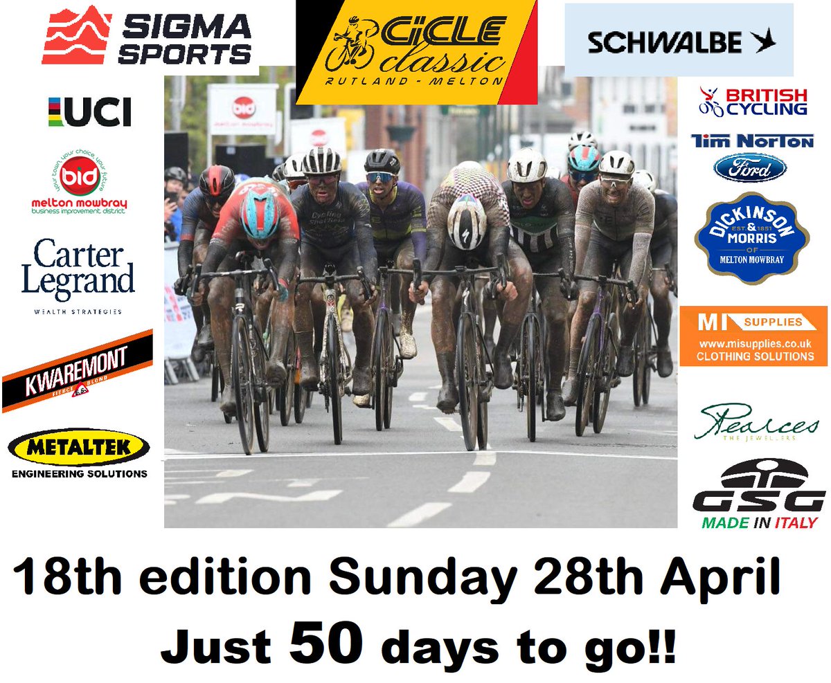 Only 50 days until Britain's only GURANTEED international men's cycle road race of 2024!! @sigmasports @SchwalbeUK @meltonbid @GSGClothingUK @KwaremontBier @PearcesJeweller @MetaltekCNC @VeloUK @TimNortonFord @misupplies