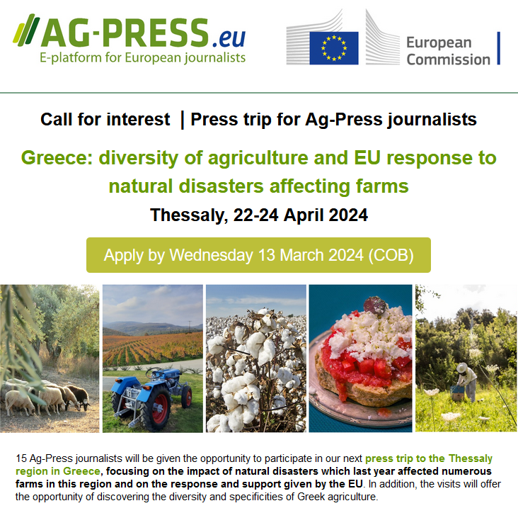 EUAgri's tweet photo. Are you a journalist interested in

exploring the diversity of 🇬🇷Greek #agriculture &amp;

learning how the EU🇪🇺 responded to natural disasters that impacted farms in the Thessaly region last year?

Join https://t.co/QsXkEHozus network &amp; apply for this call👇
https://t.co/6kFLuqOFgC https://t.co/zo6SbXBbxG