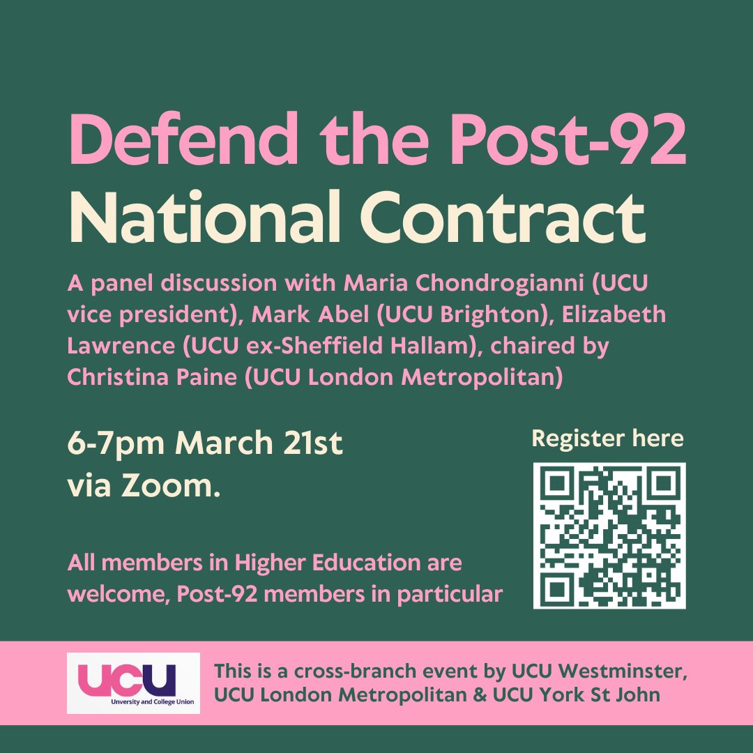 Excited to announce a very special cross-branch event, organised by @ucuwestminster, @UCU_LondonMet
& @UCU_YSJ!

Defend the Post-92 National Contract   

Time & Date: 6-7pm, 21st March 2024   

Register here: us06web.zoom.us/meeting/regist…