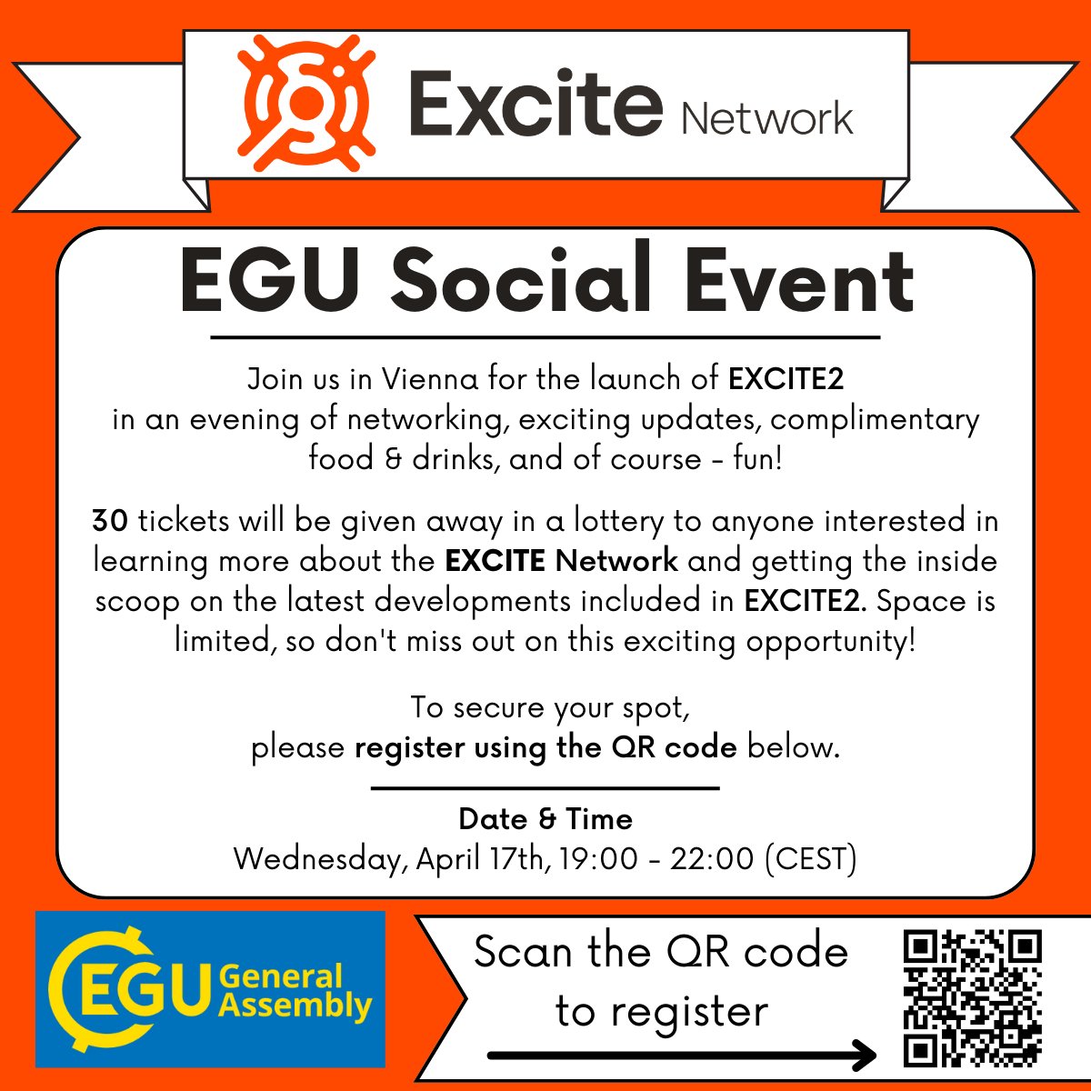 Ready for an unforgettable evening at EGU 2024 in Vienna? We are thrilled to invite you to an exclusive social event for the launch of EXCITE2 packed with networking, free food & drinks, and fun! @EuroGeosciences 🎟️Enter the lottery for a chance to win! forms.gle/JJ1FP4m6rb4bL7…