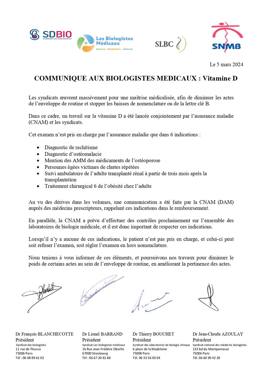 Retrouvez le courrier intersyndical sur la pertinence des prescriptions de vitamine D et des informations issues de l'assurance maladie et de la HAS 👉 urlz.fr/pOYO @SyndicatDBio Syndicat des Laboratoires de Biologie Clinique Syndicat National des Médecins Biologistes