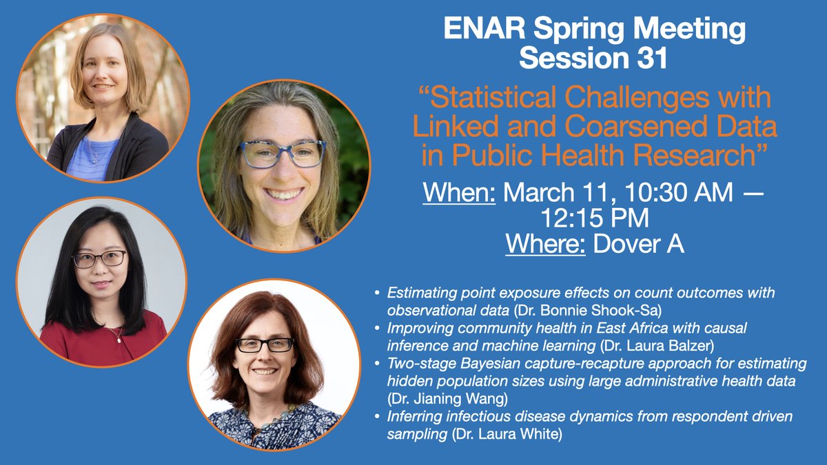 ✉️This invited session on Monday morning about linked and coarsened data in public health, organized on behalf of the <a href="/cwstat/">Caucus for Women in Statistics and Data Science</a> program committee.