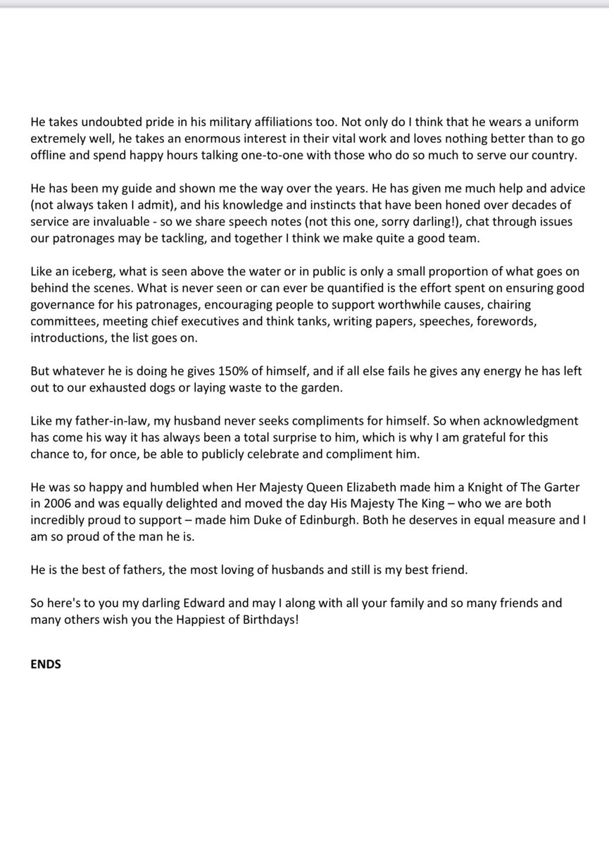 A personal 60th birthday speech from the Duchess of Edinburgh in praise of the Duke, calling him: “the best of fathers, the most loving of husbands and still … my best friend”