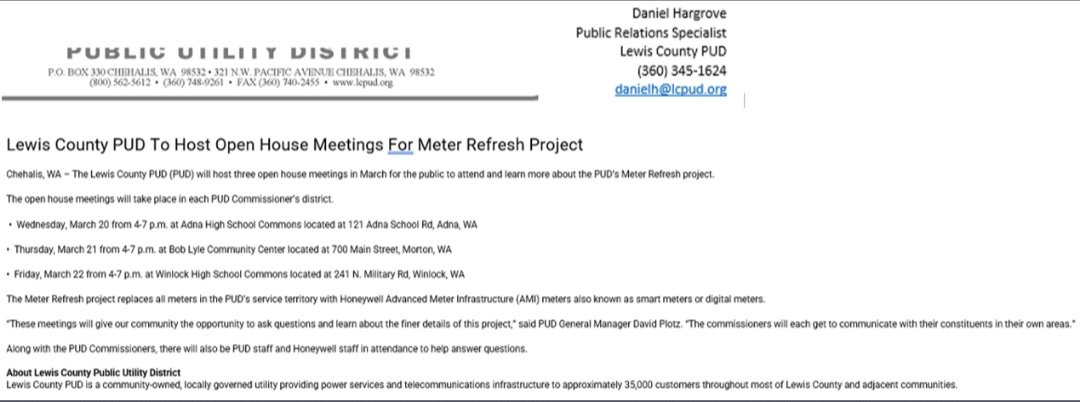 Susan_Dupres's tweet photo. WA STATE #LewisCounty
#LewisPUD
#SmartMeter
Lewis PUD Public Meeting(s) for #SmartMeter Project:
Wed. March 21 - #Adna
Thu. March 21 - #Morton
Fri. March 22 - #Winlock https://t.co/3atQG0FFbG