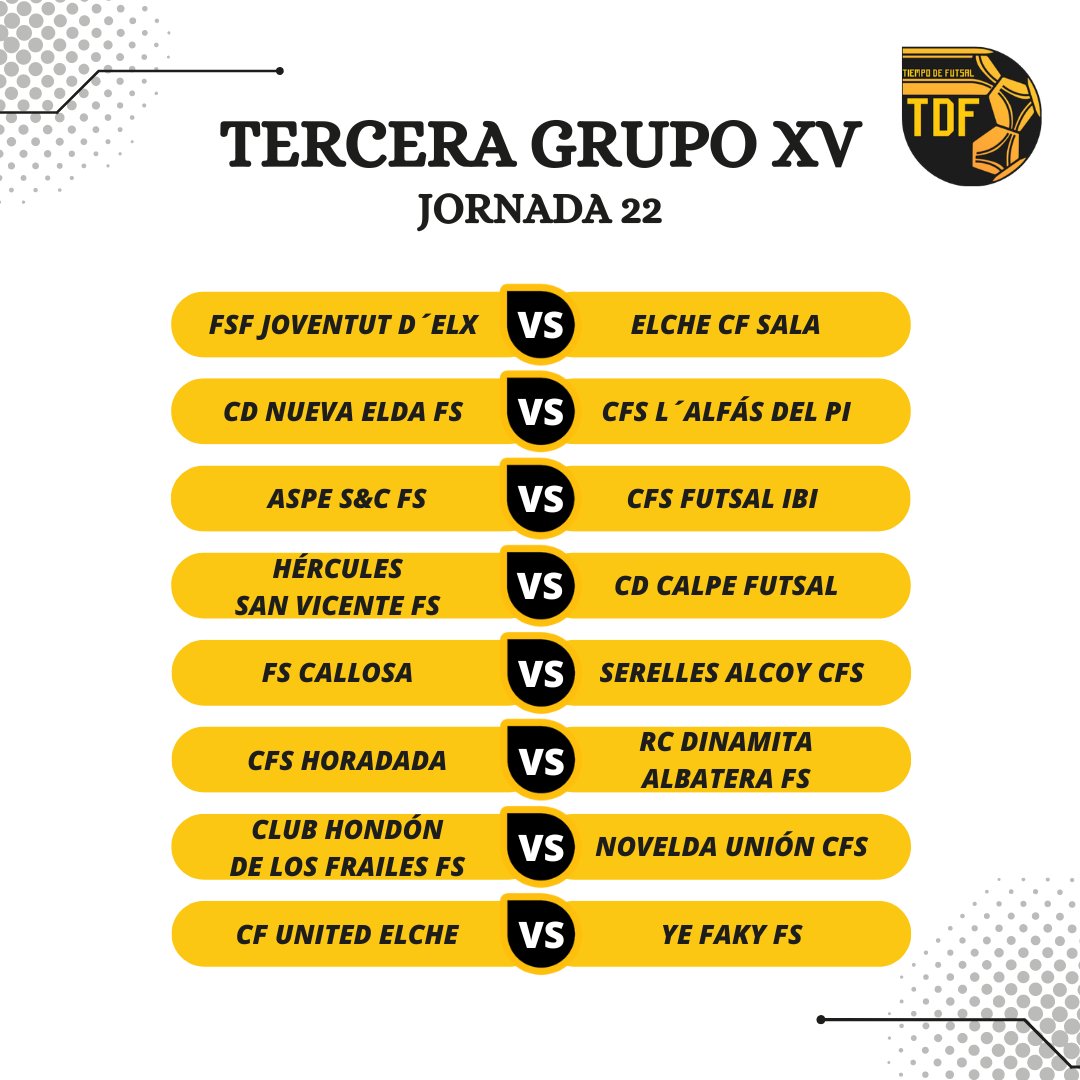 Tiempo de Futsal (@tdfutsal) on Twitter photo 𝘛𝘌𝘙𝘊𝘌𝘙𝘈 𝘋𝘐𝘝𝘐𝘚𝘐Ó𝘕 𝘎𝘙𝘜𝘗𝘖 𝘟𝘝. 𝘑𝘖𝘙𝘕𝘈𝘋𝘈 22
⭐ Este sábado en el Pabellón de Carrús de Elche se miden CF United Elche y <a href="/yefaky/">Ye Faky FS</a>, o lo que es igual, el primero frente al segundo en la clasificación. Una victoria del equipo ilicitano podría ser determinante, 𝘛𝘌𝘙𝘊𝘌𝘙𝘈 𝘋𝘐𝘝𝘐𝘚𝘐Ó𝘕 𝘎𝘙𝘜𝘗𝘖 𝘟𝘝. 𝘑𝘖𝘙𝘕𝘈𝘋𝘈 22
⭐ Este sábado en el Pabellón de Carrús de Elche se miden CF United Elche y <a href="/yefaky/">Ye Faky FS</a>, o lo que es igual, el primero frente al segundo en la clasificación. Una victoria del equipo ilicitano podría ser determinante,