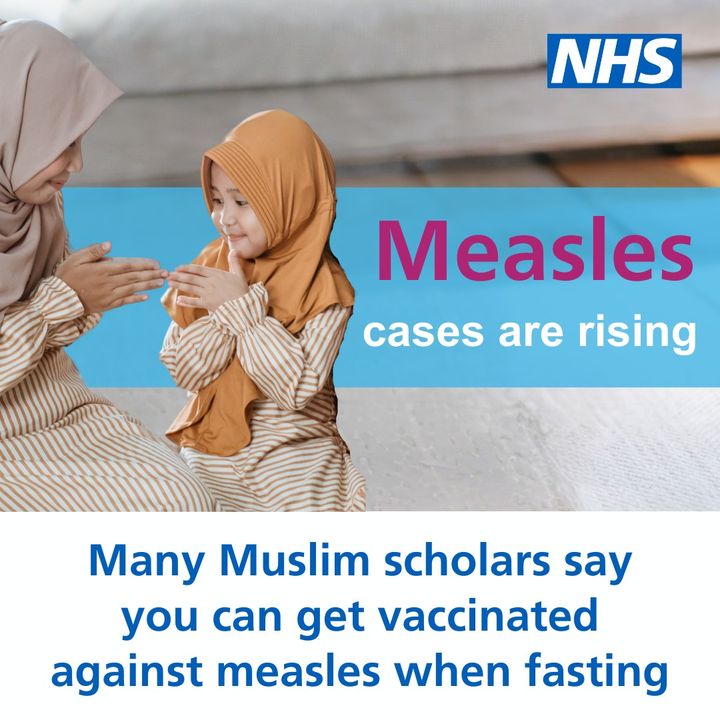 Measles cases are rising. Many Muslim scholars say you can get vaccinated against measles when fasting. 📲 For protection against measles, contact your GP practice to get your MMR immunisations. ➡️ Find the latest measles information and advice: bit.ly/49s4M0O