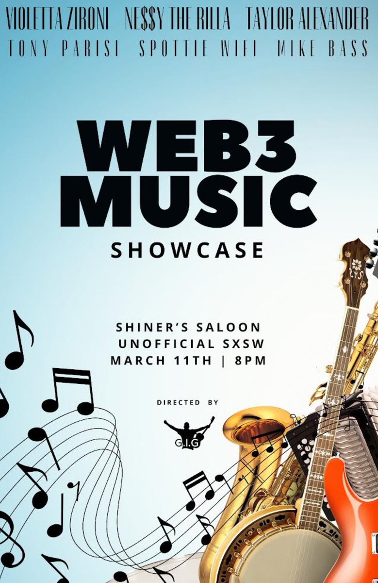 🎼Day 12 of posting a different flyer for @giglivemusic’s Web3 Music showcase every day until the event! 3/11/24 - ATX | doors @ 7pm Shiners Saloon - 422 Congress Ave Performances by: @ZironiVioletta @NessyTheRilla @mikebassmusic @auradeluxe @SpottieWiFi & more! Visit…