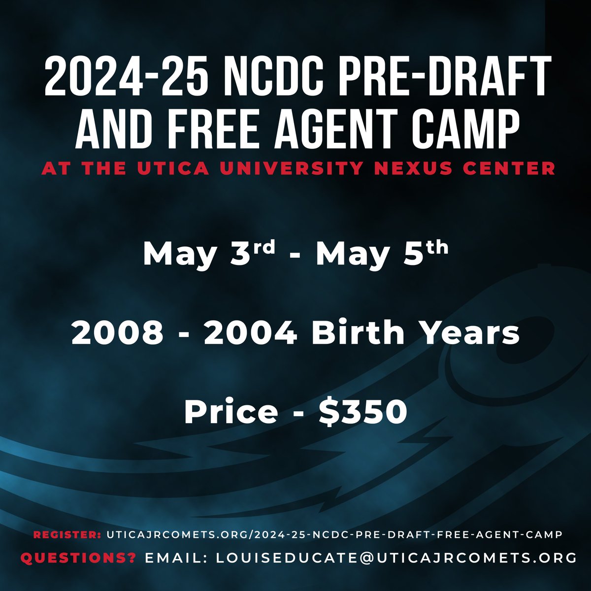 2024-25 NCDC PRE-DRAFT + FREE AGENT CAMP

🗓️ May 3 - May 5
📍 Utica University Nexus Center
🔗 uticajrcomets.org/2024-25-ncdc-p…