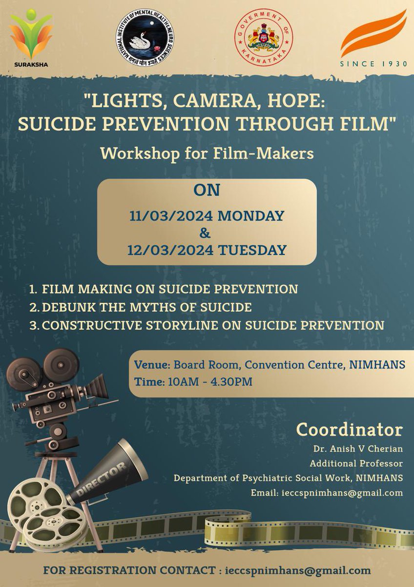 🎬 Excited to announce our upcoming two-day training workshop for filmmakers, focusing on the powerful role of film in suicide prevention. Join us as we explore storytelling that can make a difference and save lives. 🎥✨ #SuicidePrevention 
#CreatingHopeThroughAction