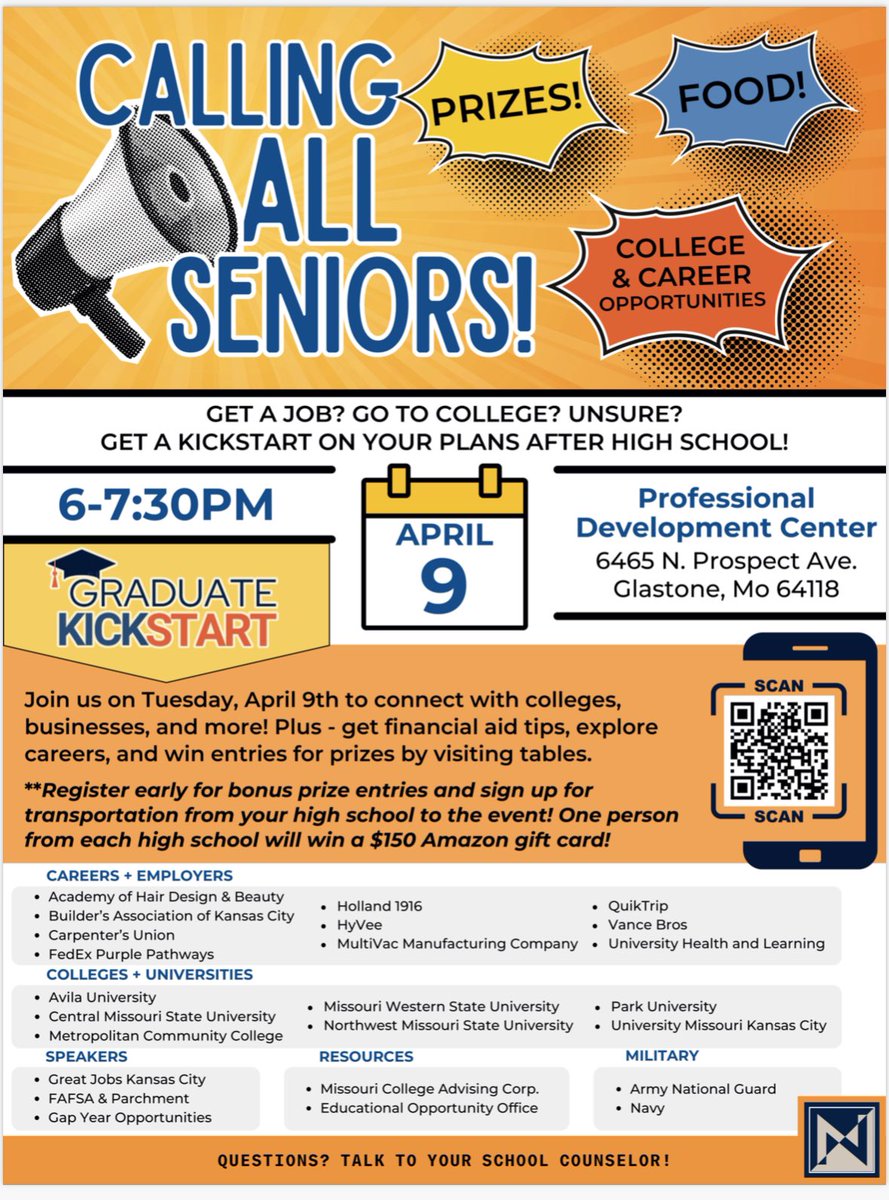 🚨Seniors!!! Save the date for Graduate Kickstart for food, prizes, and figuring out next steps! Sign up early to entered to win even more prizes. 🎟️🎟️🎟️