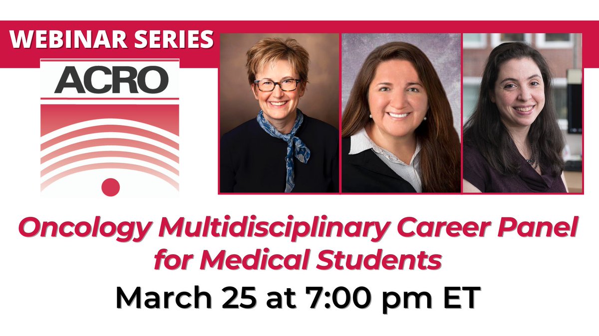 ACRORadOnc's tweet image. #MedStudents: Join our webinar w/ Drs. Jill Gilbert, Melissa Hogg &amp;amp; Rachel Jimenez, #MedEd leaders from medical oncology, #surgonc, &amp;amp; #radonc, respectively. They&apos;ll share why they chose their specialty &amp;amp; describe a typical week in their career. Register: us02web.zoom.us/meeting/regist…