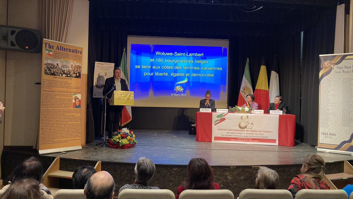 .@OlivierMaingain in the Town Hall of Woluwe Saint Lambert welcomes the Iranian community in Belgium on the occasion of the International Women Day with a strong message in support of Iranian women. #IWD2024 #WomenForce4Chenge #FreeIran2024