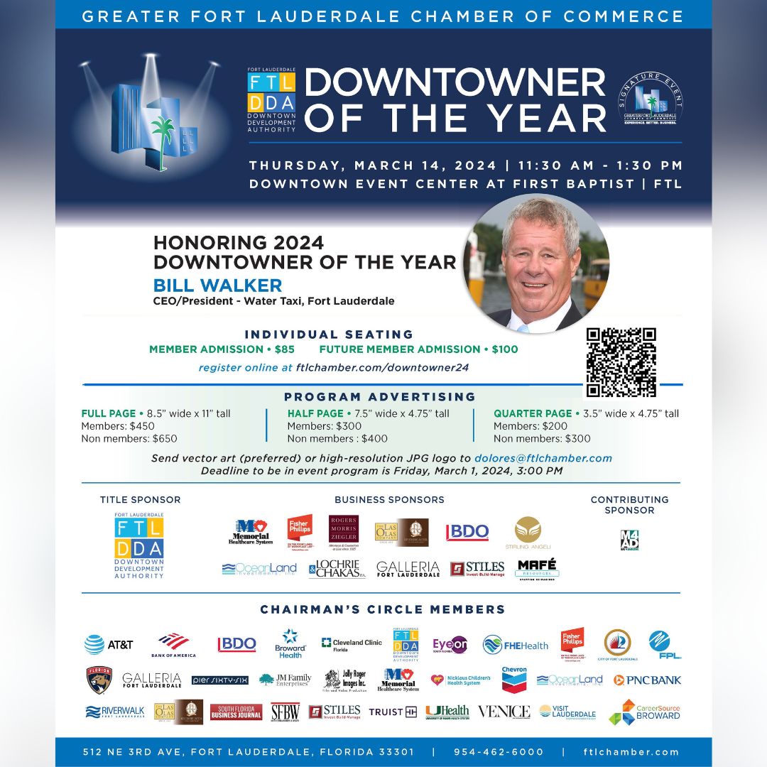 FLLChamber's tweet image. Celebrate Bill Walker with over 300 business leaders on March 14 at the Chamber's production of the Downtown Development Authority Downtowner of the Year! ftlchamber.com/downtowner #ftlchamber #downtowneroftheyear #FTLDDA #WaterTaxi