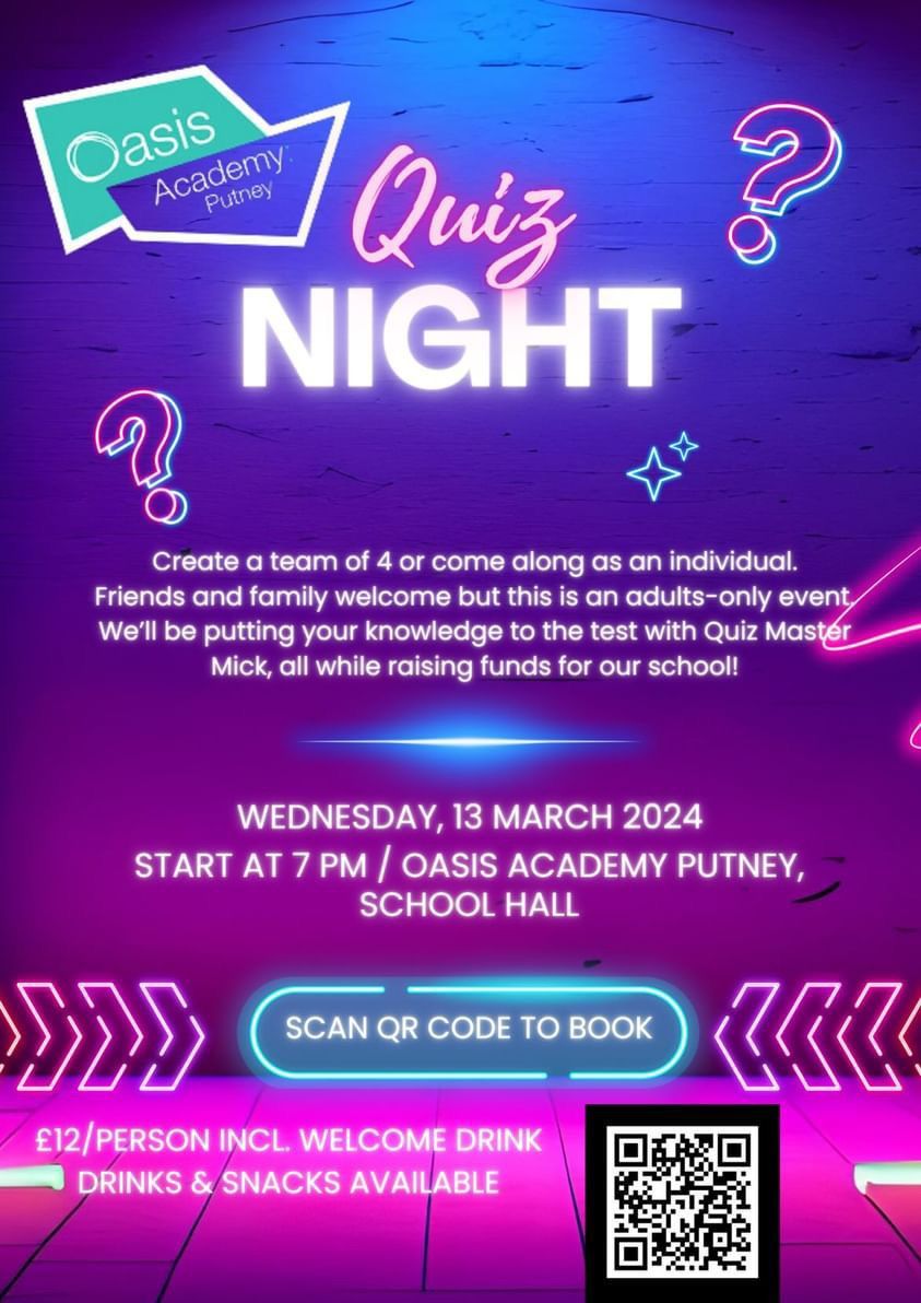 Join us for a fun-filled Quiz Night hosted by @OasisPutneyPTFA 🧠🌟 Mark your calendars for Wednesday 13th March at 7pm. It's an adult-only event, so gather your friends and family for an evening of brain-teasing fun! Sign up here: buff.ly/3wT0ot7