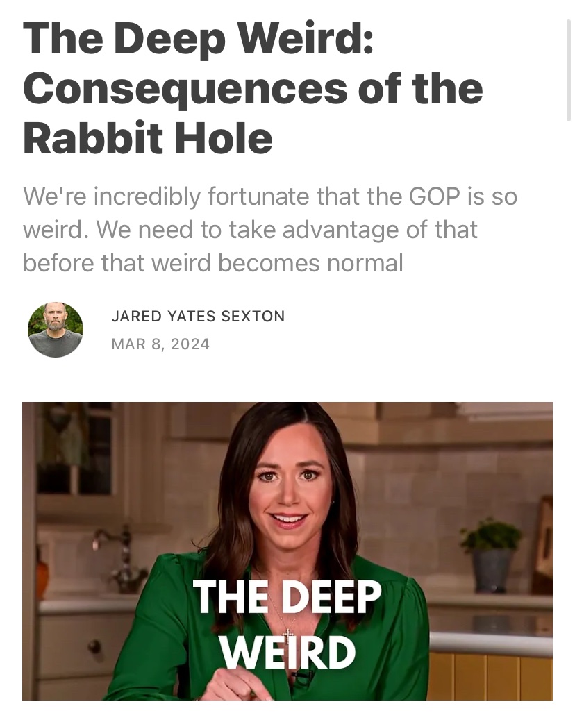 Katie Britt’s response was disastrous because it felt like being trapped in a horror movie We’re fortunate the GOP is so off-putting and weird right now. It makes them vulnerable. But like all authoritarian movements, the weirdness can soon become normal jaredyatessexton.substack.com/p/the-deep-wei…