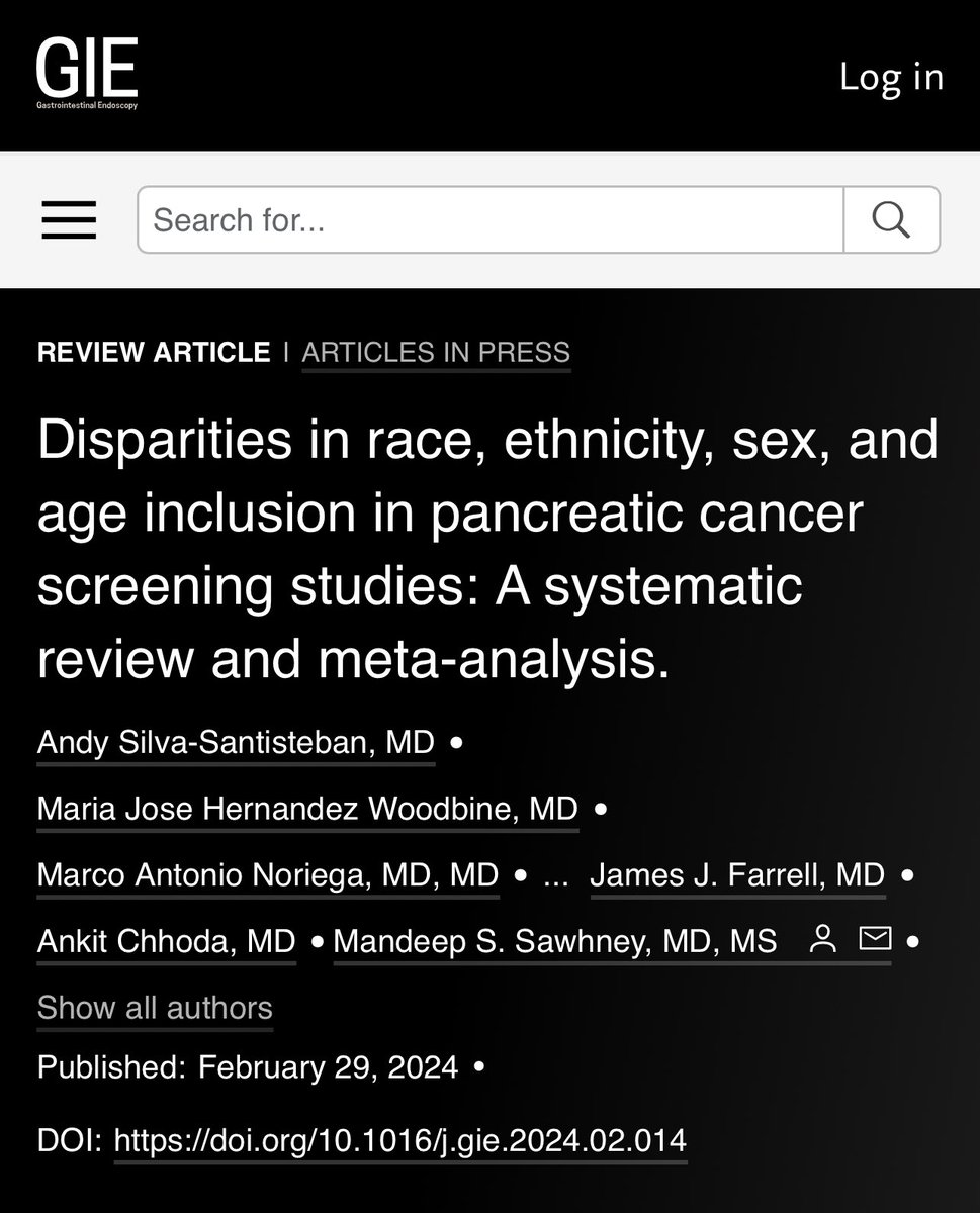 ⭐️🚨 Delighted to share our latest publication in @GIE_Journal. Revealing the hidden disparities in pancreatic cancer screening studies. This was possible thanks to our✨@BIDMC_GI team @MSawhneyMD @AnkitChhoda @Mariajose_hw @DrLorenGR @manoriegamd 🔬➡️ giejournal.org/article/S0016-…