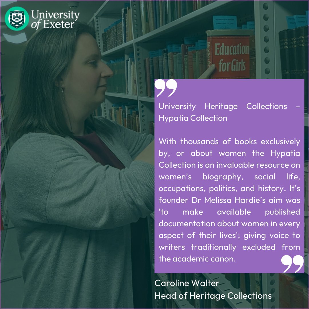 And finally, this International Women’s Day we’d like to introduce you to Caroline our Head of Heritage Collections, Caroline would like to recommend the Hypatia Special Collection which you can access in the Old Library, find out more at bit.ly/ExeterUniLibWH…