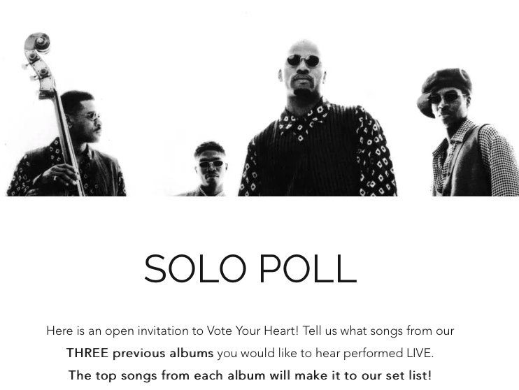 SOLOthegroup's tweet photo. Solo Live Poll(s) Are Still Open!
Listen and Vote. Tell us what songs from our Discography you would like to hear performed LIVE.
The top songs from each album will make it to our set list! 
https://t.co/w7VyF21bSS

#SoloLivePoll, #SoloLive, #SoloTheGroup, #RnB, #90sRnB, #Soul https://t.co/UwGYMScpjh
