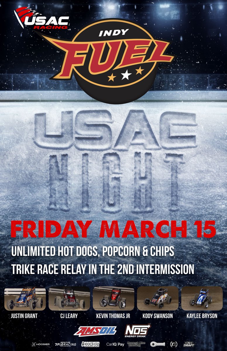 Hockey & Racing Unite! 🤝 @IndyFuel & @USACNation come together on Friday, March 15 for USAC Night at @IndyStateFair's Farmers Coliseum. Meet & greet USAC stars @JustinGrant40, @CJ_Leary_, @kevinthomasjr, @KodySwanson & @kaylee11b. Game Time: 7pm ET 🎟️ indyfuelhockey.com/games/2024/03/…