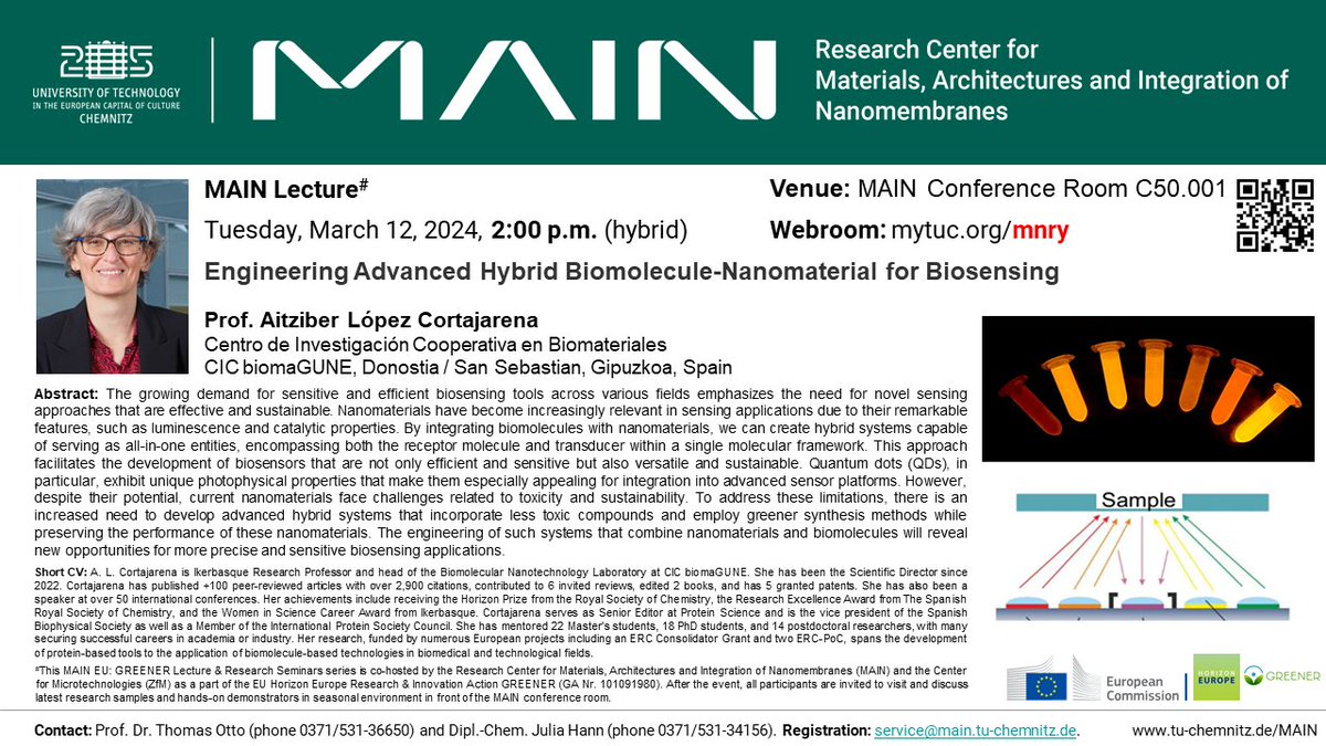 GREENER Project (@greener_eu) on Twitter photo ๐ฌ Join us for an enlightening discussion on "Engineering Advanced Hybrid Biomolecule-Nanomaterial for Biosensing" by Prof. Aitziber Lopez Cortajarena from <a href="/CICbiomaGUNE/">CIC biomaGUNE</a>
๐๏ธ March 12
๐ 2:00 p.m.
๐ MAIN Conference Room, 09126 Chemnitz
๐ Online (tu-chemnitz.de) ๐ฌ Join us for an enlightening discussion on "Engineering Advanced Hybrid Biomolecule-Nanomaterial for Biosensing" by Prof. Aitziber Lopez Cortajarena from <a href="/CICbiomaGUNE/">CIC biomaGUNE</a>
๐๏ธ March 12
๐ 2:00 p.m.
๐ MAIN Conference Room, 09126 Chemnitz
๐ Online (tu-chemnitz.de)