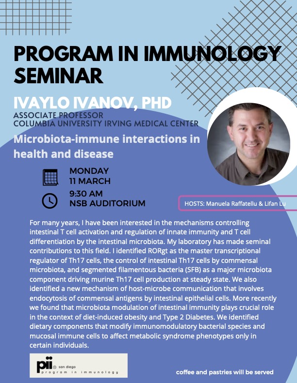 The Program in Immunology welcomes Dr. Ivaylo Ivanov from @Columbia @Cancer_dynamics. Please join us for his seminar on Monday March 11!