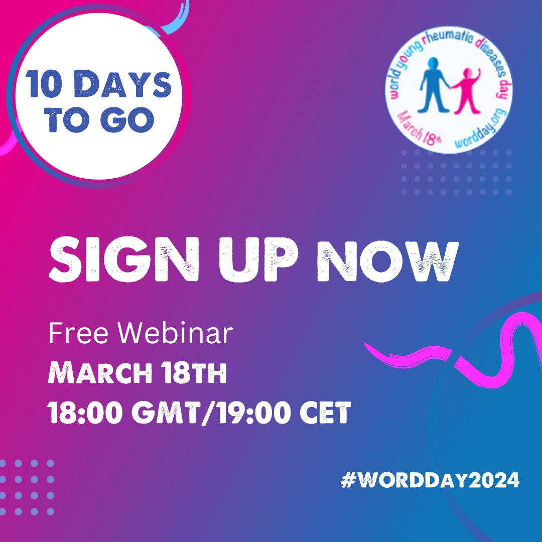 Just 10 days left until our free #WORDDay2024 webinar! 🗓️ Join us as we dive deep into the journeys of young people facing #RheumaticDiseases. Hear their stories of struggles, challenges, and successes firsthand. Register now: shorturl.at/qsN12 #JIA #lupus #jdm