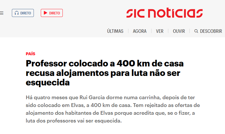 O Prof q hoje abordou Pedro Nuno Santos, tem uma clara estratégia. Provocar e não querer ver o seu problema resolvido.
Está a dar aulas em Elvas e vive numa carrinha - PORQUE QUER!
Porque concorreu para lá e recusou habitação mesmo dada de borla.
E foi ao Montijo em dia de aulas?