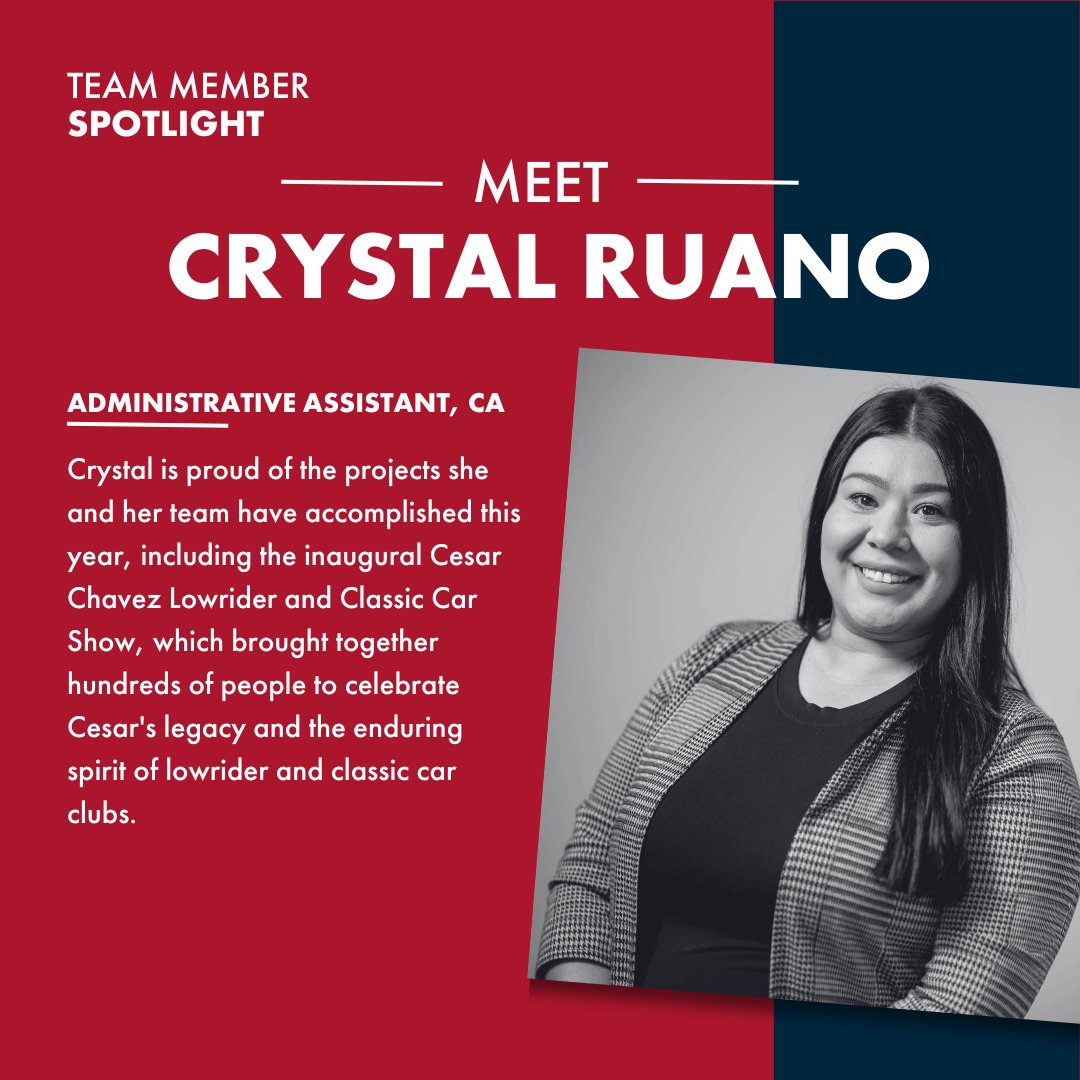 In honor of Employee Appreciation Day! This month, we celebrate our amazing employees, starting with Crystal Ruano, an Administrative Assistant at the @NatlChavezCtr. She's passionate about her work and involvement with the first-ever Cesar Chavez Low Rider & Classic Car Show.