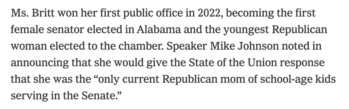 EstherK's tweet image. From the @nytimes report on #KatieBritt&apos;s rebuttal — call me crazy, but I don&apos;t think school-age kids have any business serving in the Senate, speaker Mike Johnson... 
nytimes.com/2024/03/07/us/… #misplacedmodifiers