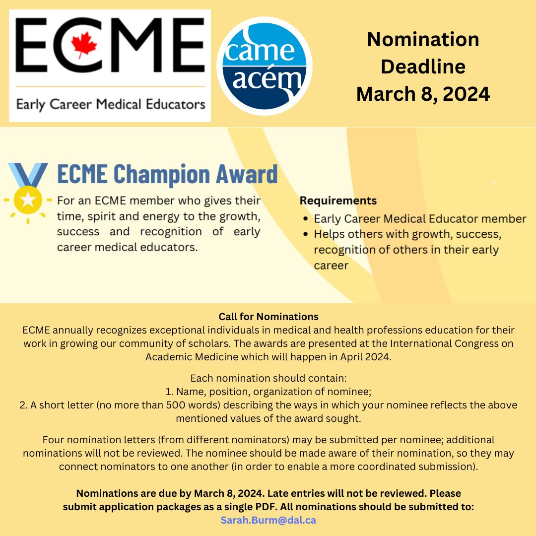 Deadline today! Have you submitted a nomination package for the ECME Champion Award yet? Don't miss out on this opportunity to highlight some of the great work being done by an ECME Member who gives their time, spirit, and energy to the growth of early career medical educators!