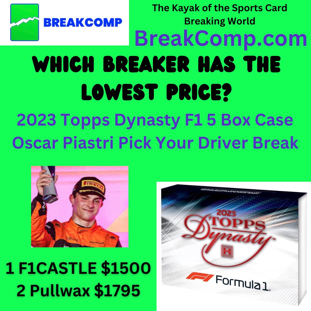 2023 Topps Dynasty F1 5 Box Case Oscar Piastri Pick Your Driver Break

BreakComp.com is like Kayak but for the sports card breaking world. Use our search engine to conduct searches for breaks by Breaker, Team, Brand, Sport, Price, or Year. 

#toppsdynasty