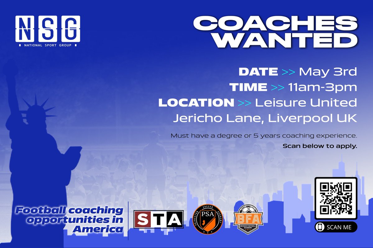 ⚽ WE ARE HIRING ⚽

🇺🇲 Professional coaches wanted
💰 Full-time positions in the USA
🗽 Locations in NYC/NJ/CT 
🏠 Visa, accommodation &amp; car included 
📱 Scan QR code to express interest
👍🏼 RT appreciated

<a href="/STA_Soccer/">STA Soccer</a>
<a href="/PSA_Princeton/">PSA Princeton</a> 

#footballcoachingjobs
#soccercoachingjobs