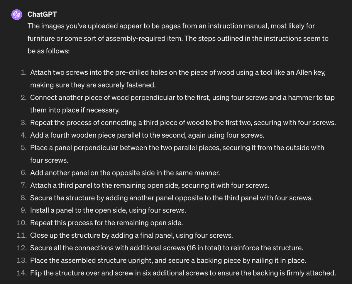 <a href="/rowancheung/">Rowan Cheung</a> visual reasoning! I gave it some ikea instruction manuals and the results for Claude were great!