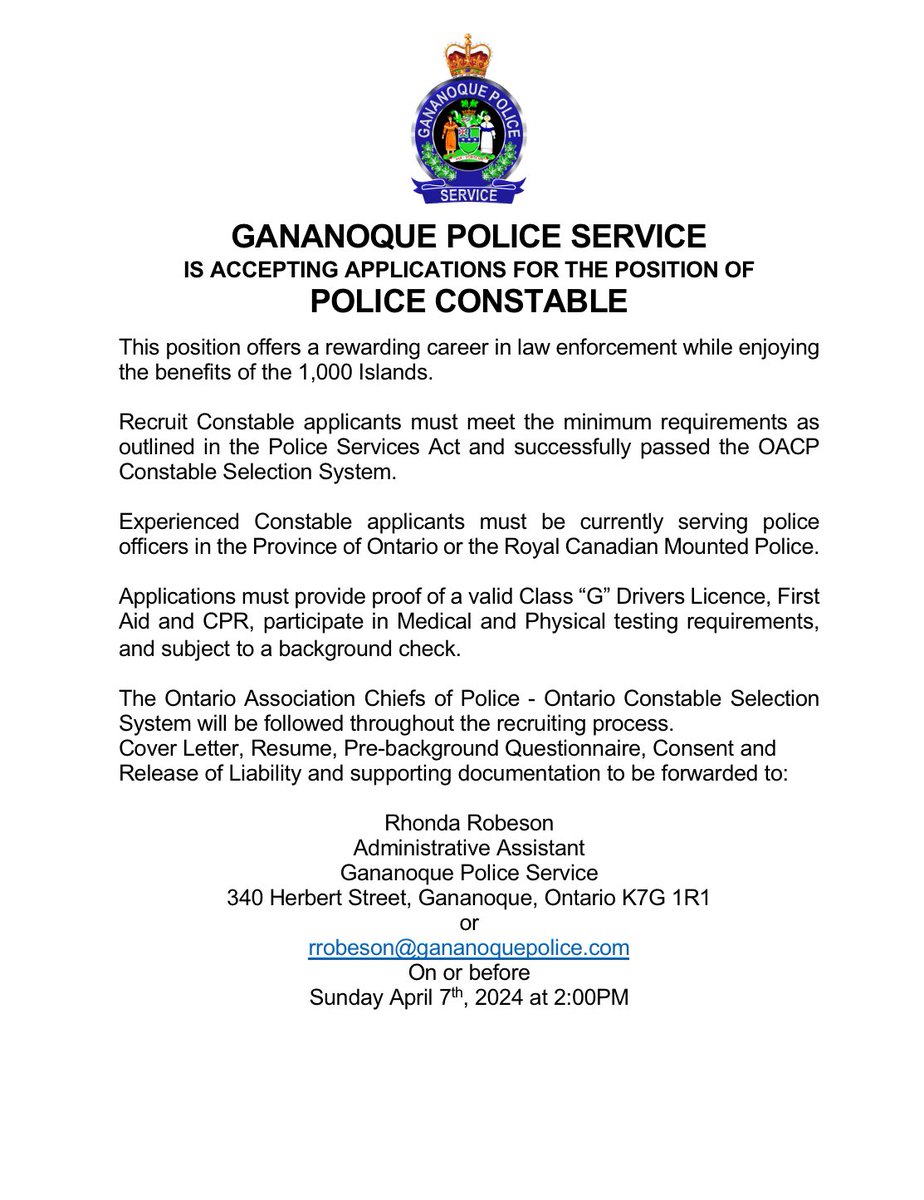 We’re Hiring - Full Time Police Constable Position, Experienced or Recruit. Posting closes April 7th at 2:00pm ***NO PHONE CALLS PLEASE*** Visit our website for the full posting and required attachments gananoquepolice.com/employment-opp… #gananoquepoliceservice #PoliceRecruitment
