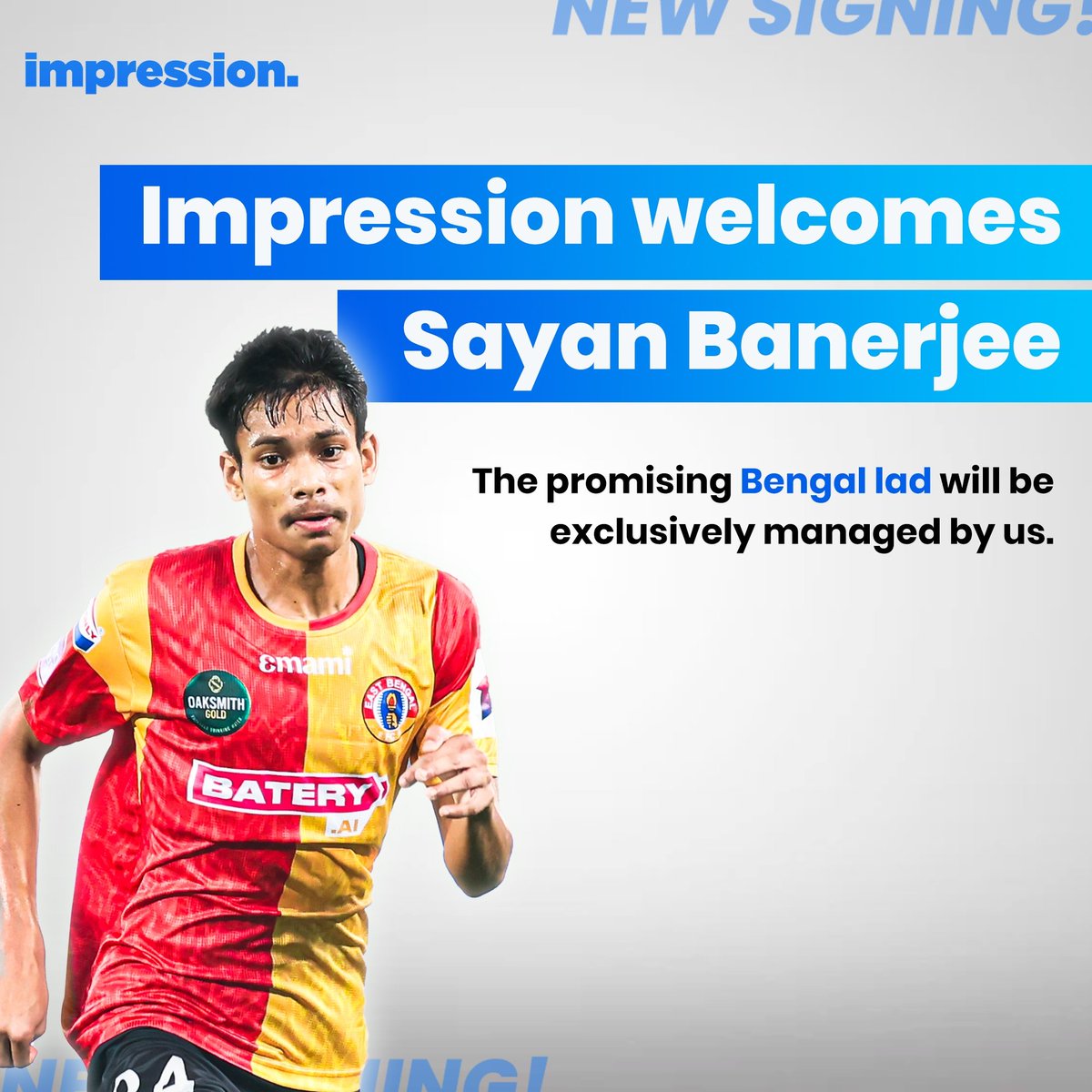 🤩 We are elated to announce that promising East Bengal FC winger Sayan Banerjee has joined Impression.✍️

The Bengal lad made his debut for East Bengal in the ISL this season. Sayan played a pivotal role in the torch bearer’s recent Super Cup triumph.

#ImpressionAthlete