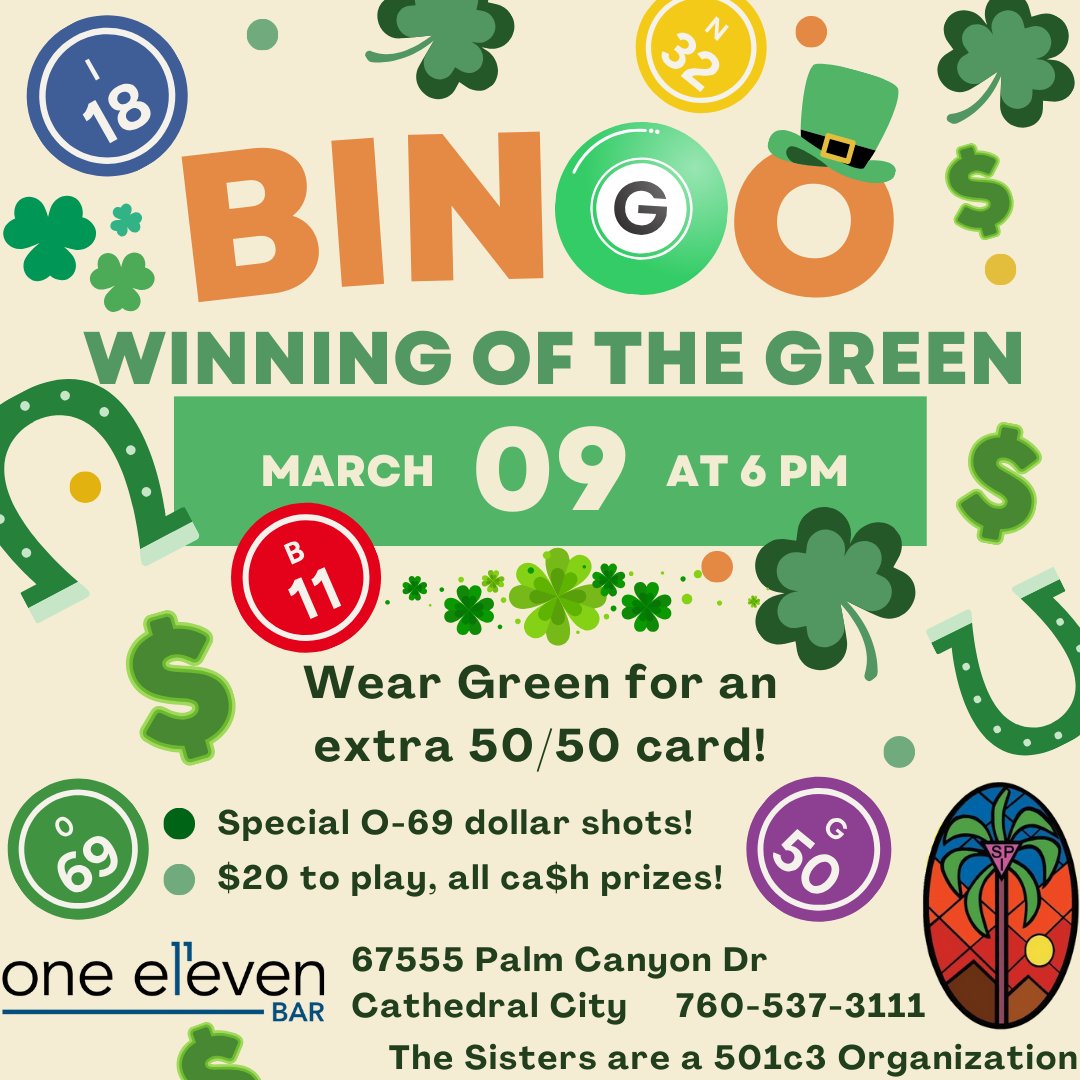 pssisters's tweet photo. #SistersBingo at One Eleven on Saturday - 03/09

Just the PS Sisters for a rousing few rounds of BINGO!

$20 buys you 6 games AND a 50/50 game!  Bring a friend or rock your favorite Green St Pat's gear and receive an extra 50/50 card!  Ca$h Prizes, O-69 Shot Specials and more! https://t.co/CQBirHcGgG