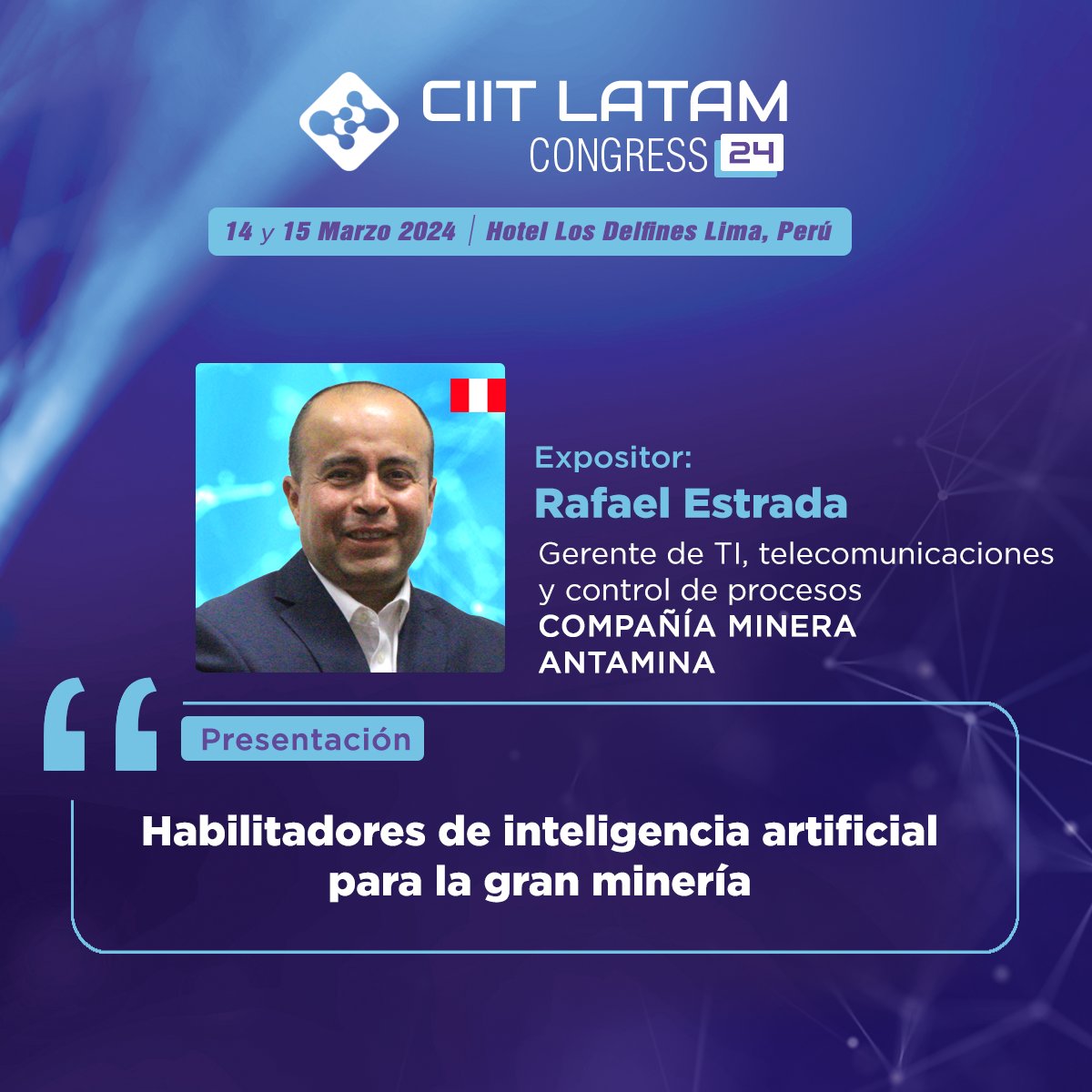 CIIT Perú (@ciitperu) on Twitter photo Asegura tu lugar en el CIIT Latam Congress 2024 y escucha la presentación de Rafael Estrada, Gerente de TI, telecomunicaciones y control de procesos de <a href="/Antamina_Peru/">Compañía Minera Antamina</a>
🎟Adquiere tu entrada aquí: bit.ly/CIITLC24
📧info@ciitperu.com
📲 +51 988 361 503 Asegura tu lugar en el CIIT Latam Congress 2024 y escucha la presentación de Rafael Estrada, Gerente de TI, telecomunicaciones y control de procesos de <a href="/Antamina_Peru/">Compañía Minera Antamina</a>
🎟Adquiere tu entrada aquí: bit.ly/CIITLC24
📧info@ciitperu.com
📲 +51 988 361 503