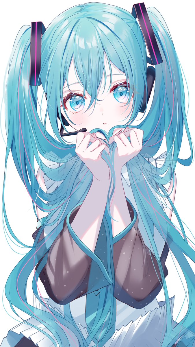 hatsune miku 1girl solo long hair twintails holding hair white background looking at viewer  illustration images