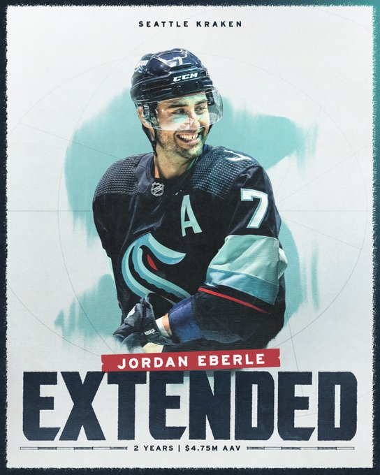 Extension graphic featuring Jordan Eberle in blue kraken jersey and smiling In blue text along bottom reads: extended - 2 years, $4.75m AAV