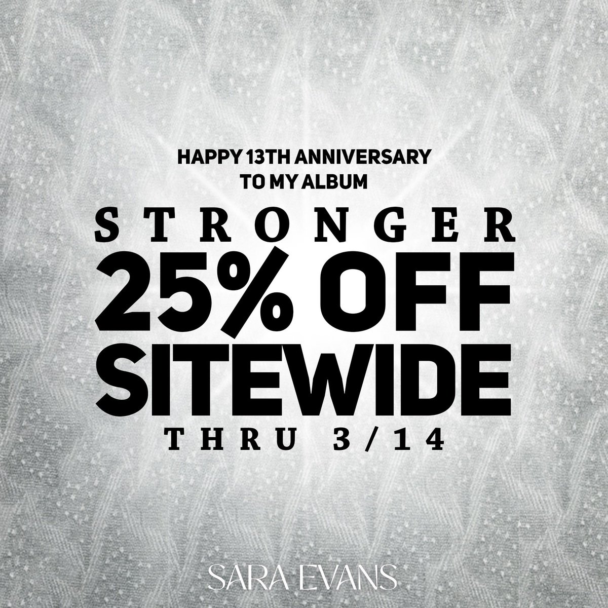 I can’t believe Stronger came out 13 years ago!! I’m celebrating by giving y’all 25% off all of my merch! What’s your favorite song from the album? 🖤 saraevansstore.merchmadeeasy.com