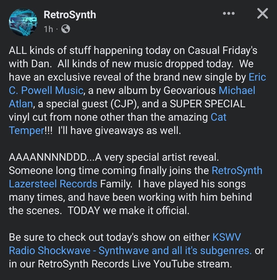 Another world premiere today our single THE GETAWAY on #CasualFridaysWithDan on #KSWVRadio / YouTube with chat. Courtesy of @RetrosynthR Records. Tune in for great synth tunes!

kswvradioshockwave.com
youtube.com/RetroSynthMusic
2pm E / 1pm C / 11am P US-Can
5pm UK / 6pm CET